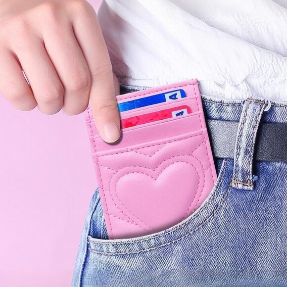 Leather Card Holder Wallet RFID Blocking Pink Compact Slim Women Gift - Picture 3 of 9